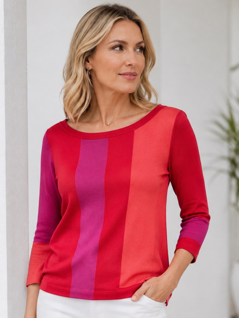 Saks Fifth Avenue 100% Silk Striped Knit Top Women’s Medium Red Magenta Coral